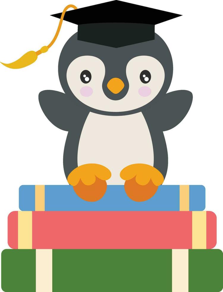 linda pingüino con graduación gorra sentado en parte superior de libros vector