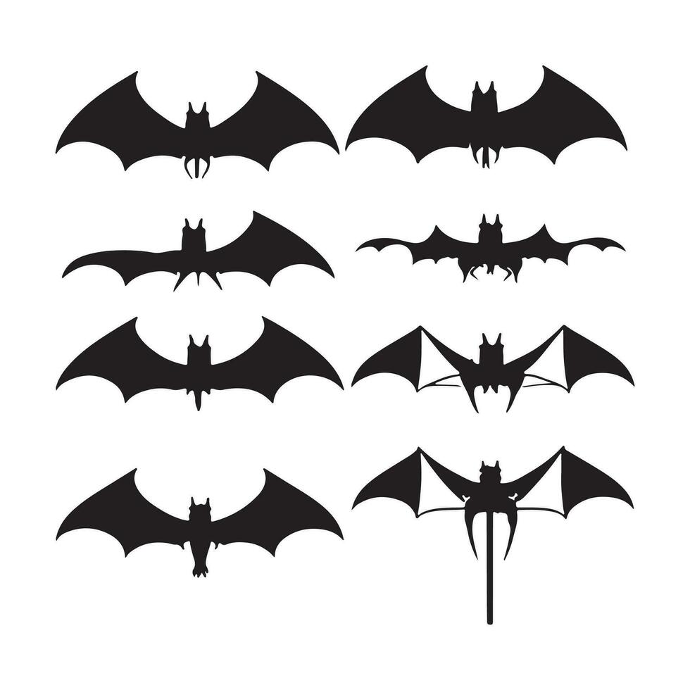 Black silhouettes of bats set on white isolated background. vector