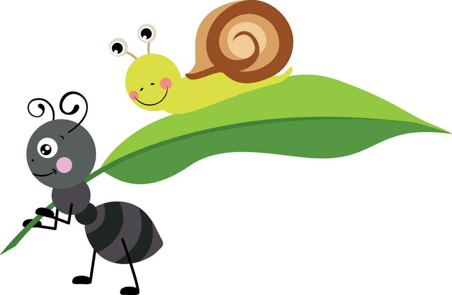 Cute ant carrying a green leaf with little snail vector
