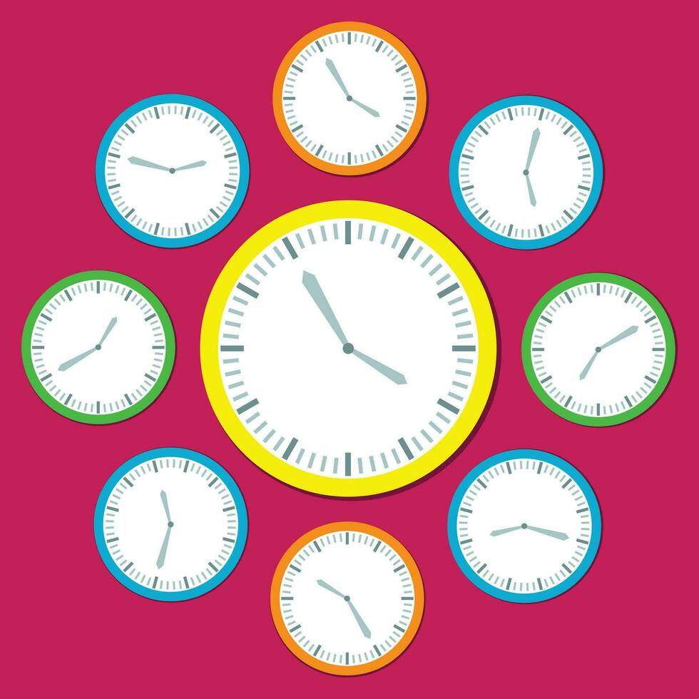 Retro Vector Clocks in yellow blue an orange Showing diffrent hours