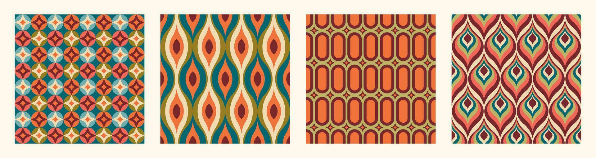 Set of Aesthetic mid century printable seamless pattern with retro design. Decorative 50s, 60s, 70s style Vintage modern background in minimalist mid century style for fabric, wallpaper or wrapping vector