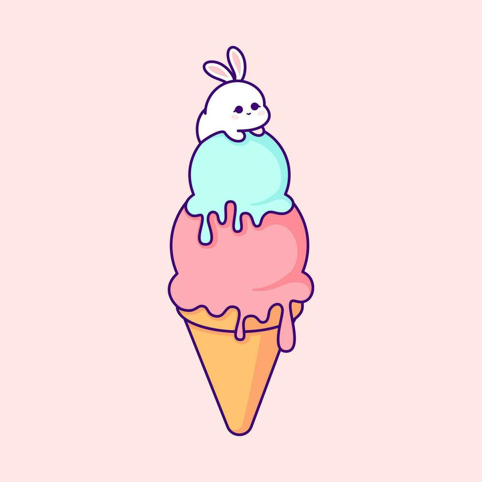 Cute Ice Cream with Bunny. Vector Clip Art Illustration. Delightful vector clip art illustration showcasing a cute ice cream with a bunny in bright colors, inspired by the kawaii style.