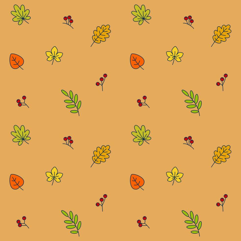 Fall Leaves and Rowan Branches. Vector Seamless Pattern depicting autumn leaves and rowan branches, capturing the essence of the fall season in a vibrant and captivating design.