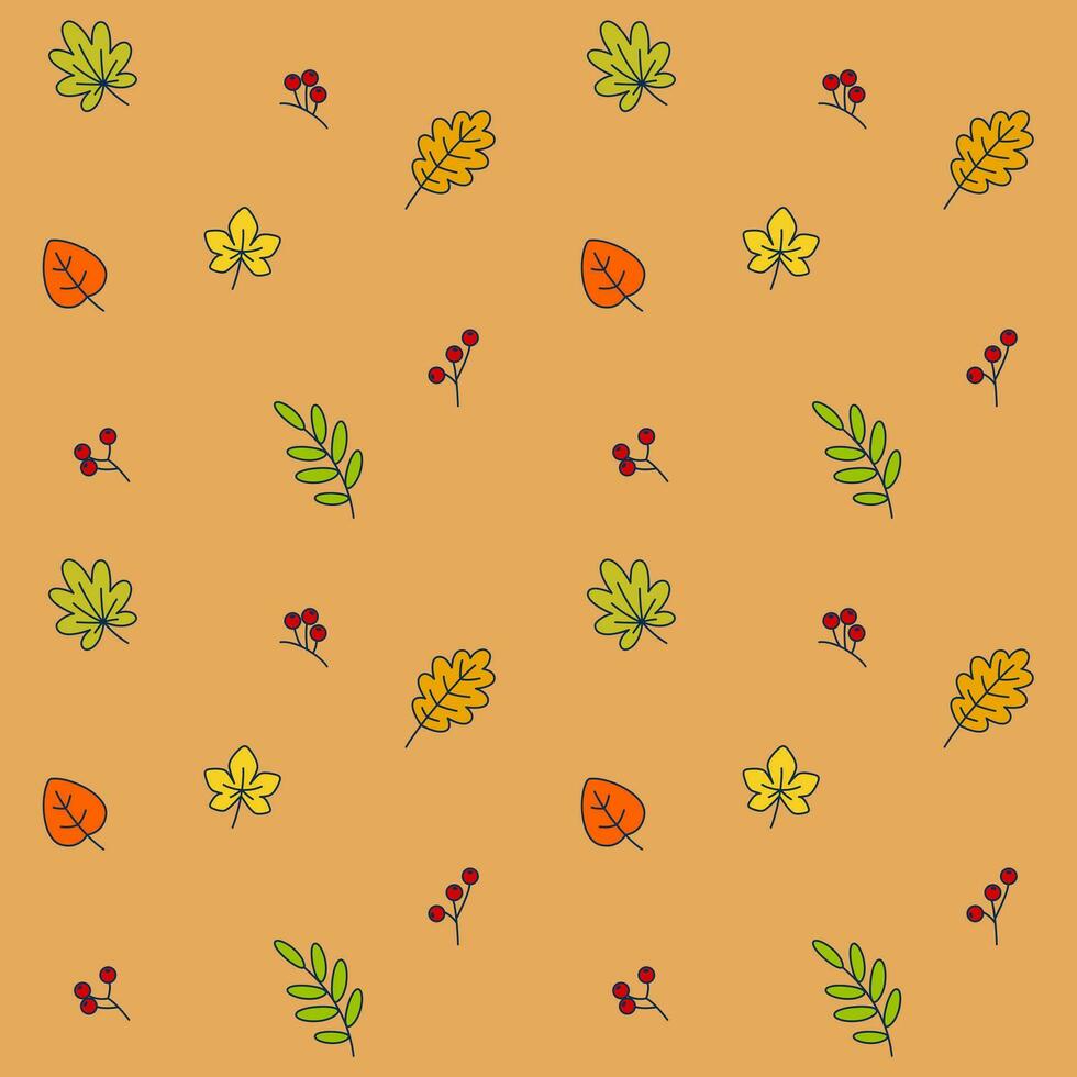 Fall Leaves and Rowan Branches. Vector Seamless Pattern depicting autumn leaves and rowan branches, capturing the essence of the fall season in a vibrant and captivating design.