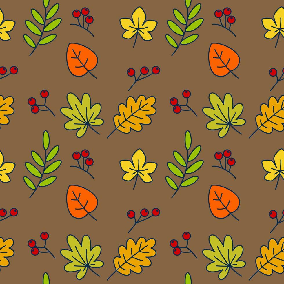 Fall Leaves and Rowan Branches. Vector Seamless Pattern depicting autumn leaves and rowan branches, capturing the essence of the fall season in a vibrant and captivating design.