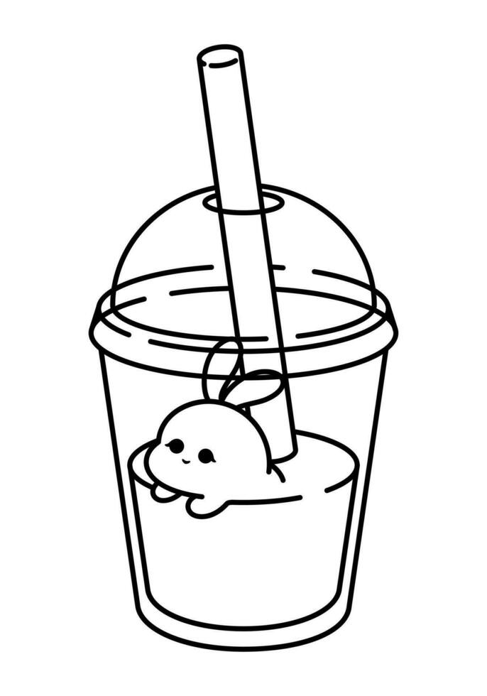 Cute Kawaii Bunny with Fruity Smoothie. Vector Line Art. illustration featuring a cute kawaii style bunny enjoying a milky fruity sweet smoothie in a plastic cup, black lines on a white background.