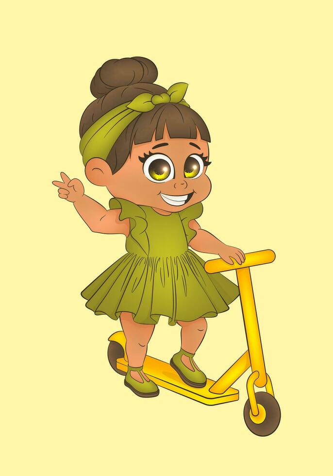 Charming vector illustration of a cute girl riding a scooter in a delightful cartoon style