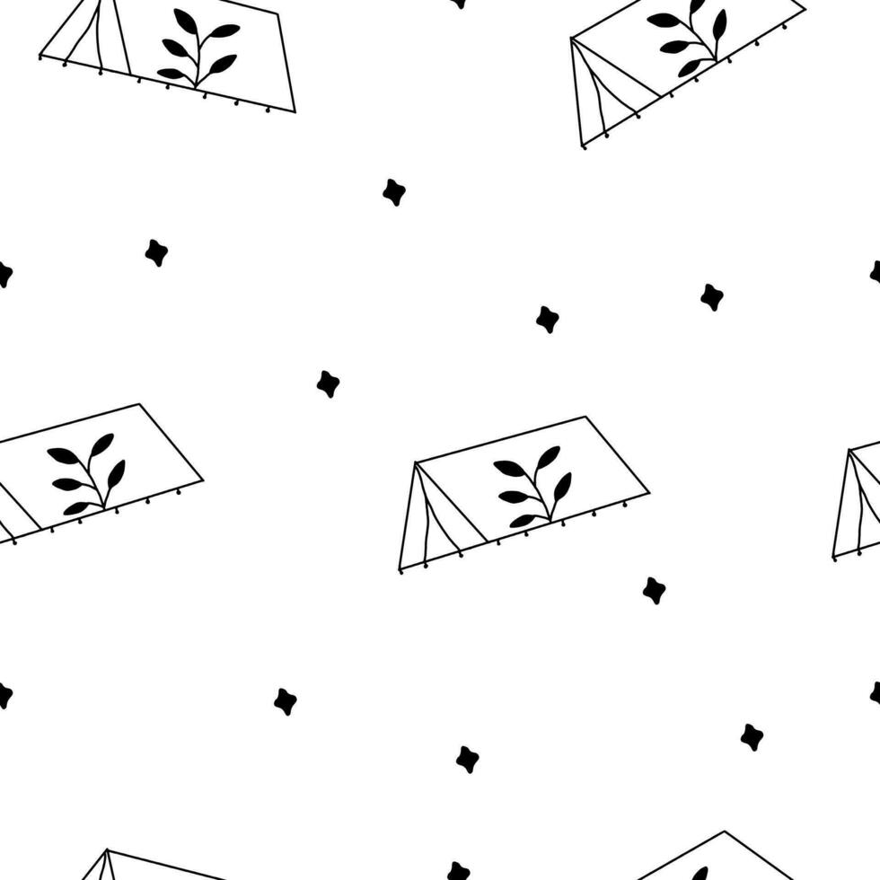 black and white cute camp outline seamless pattern vector