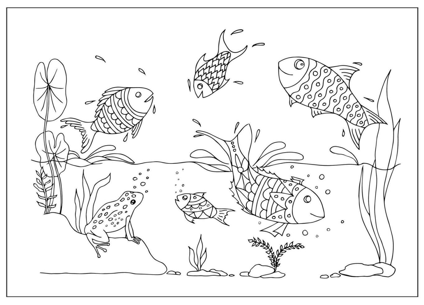 Fish and underwater world. Hand-drawn vector Illustration for coloring. Jumping fish.