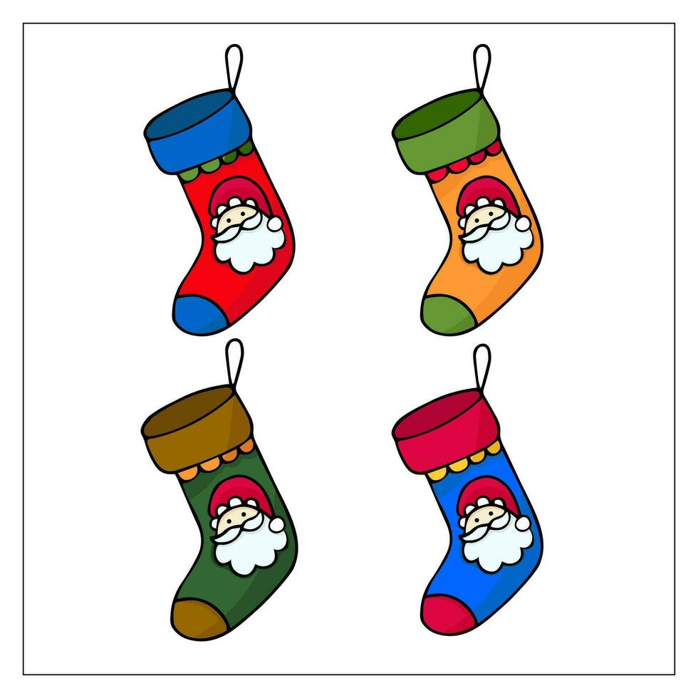 Set of christmas socks with Santa face. Hand drawn doodle christmas illustration. Christmas decoration. vector