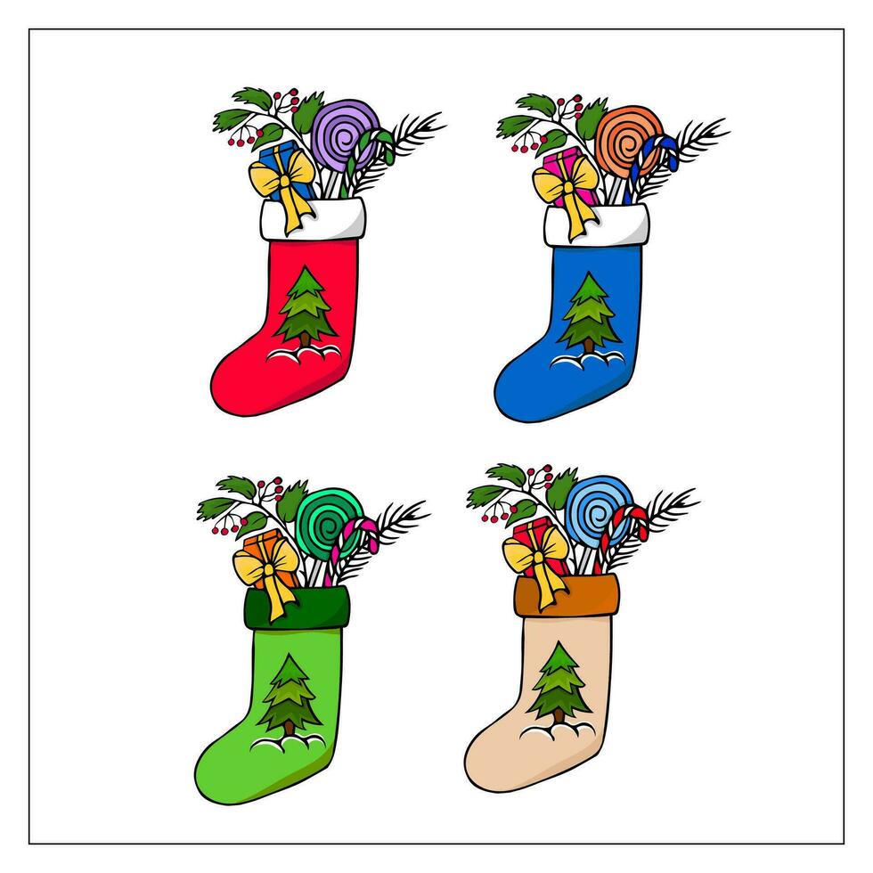 Set of christmas socks with gifts. Hand drawn doodle christmas illustration. Colorful christmas decoration. vector