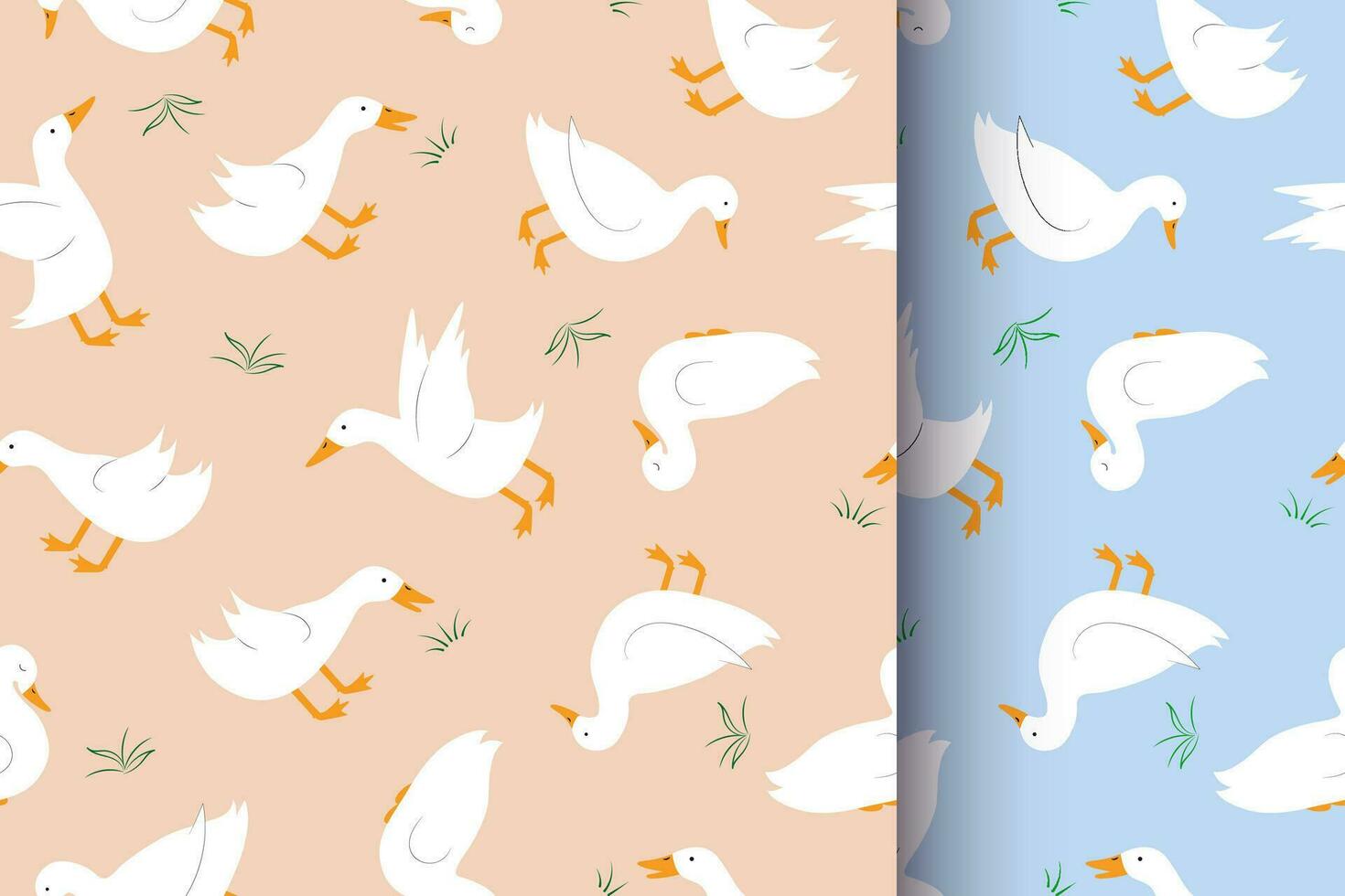 Nice seamless duck pattern. Endless background in two colours. For kids linen, fabric, wallpaper, wrapping paper. Cute, funny ducks ornament. Cartoon white ducks. vector