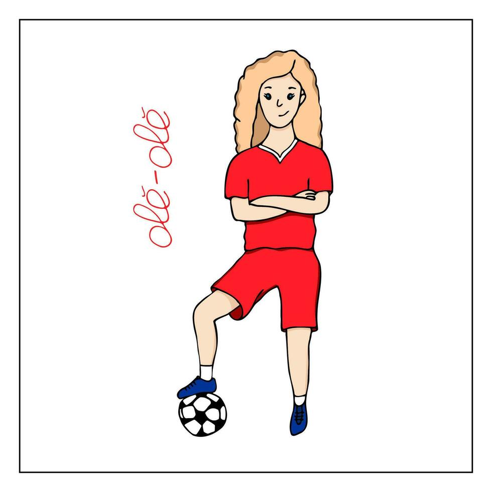 hembra futbolista. un linda niña jugando fútbol. niña en pie con un pelota. dibujado a mano garabatear fútbol ilustración. vector