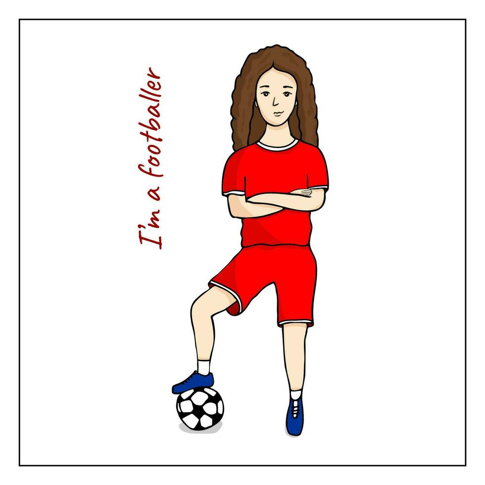 futbolista. un linda niña jugando fútbol. niña en pie con un pelota. dibujado a mano garabatear fútbol ilustración. vector