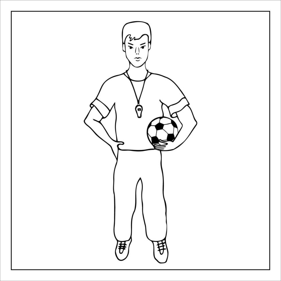 futbolista. un hombre jugando fútbol. chico participación un pelota. dibujado a mano garabatear fútbol ilustración. vector