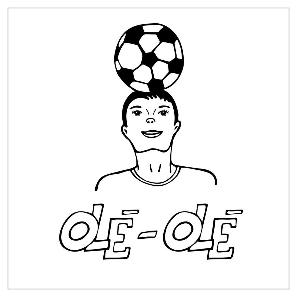 masculino futbolista. un linda chico jugando fútbol. chico con un pelota en su cabeza. dibujado a mano garabatear fútbol ilustración. vector