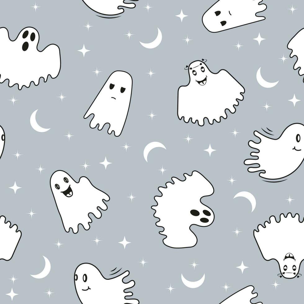 Seamless pattern for Halloween. Endless background for kids linen, fabric, wallpaper, wrapping paper. Cute, funny ghosts ornament.  Cartoon ghosts, phantoms, boggarts. vector