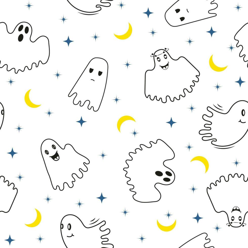 Seamless pattern for Halloween. Endless background for kids linen, fabric, wallpaper, wrapping paper. Cute, funny ghosts ornament.  Cartoon ghosts, phantoms, boggarts. vector