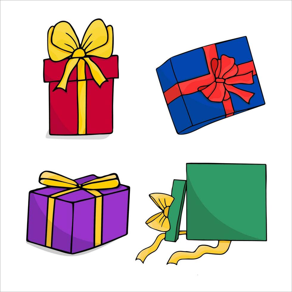 vistoso regalo cajas dibujado a mano de colores garabatear ilustración de cajas con cintas cumpleaños y Navidad presenta vector