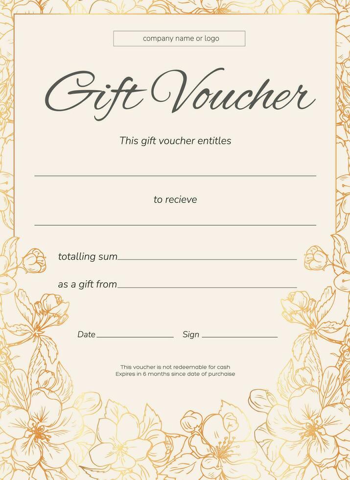 Gift voucher with golden flowers. Vector template of a gift certificate, greeting for celebration, anniversary, birthday, certificate for a restaurant, spa