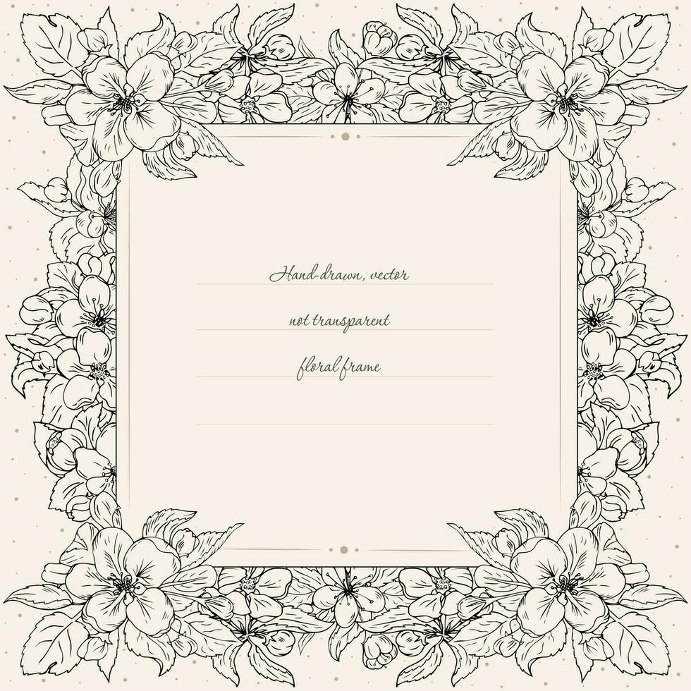 Floral frame for invitation card template. Hand drawn realistic cherry or apple flowers. Square border frame with text placeholder. vector