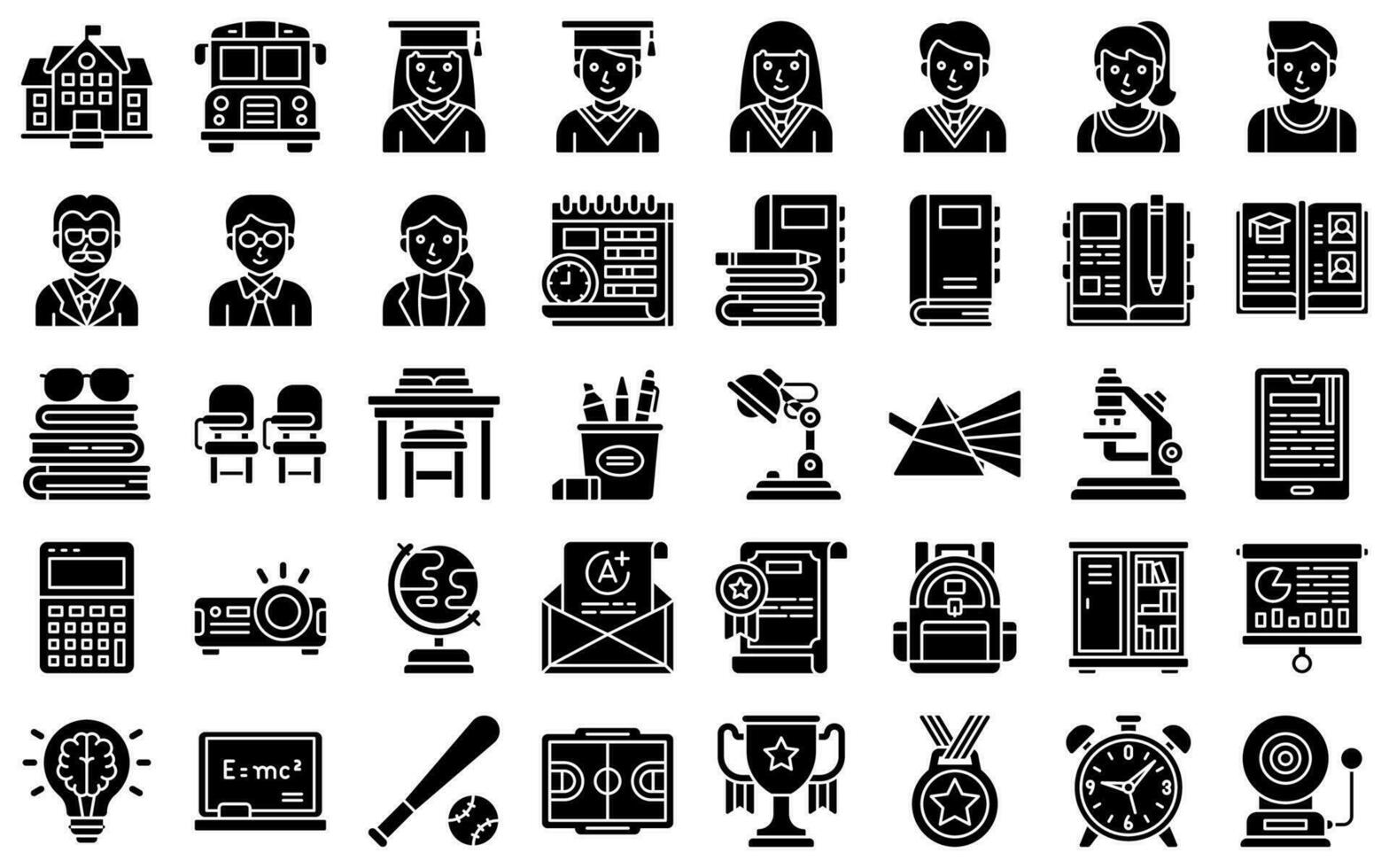 High school related solid vector icon set