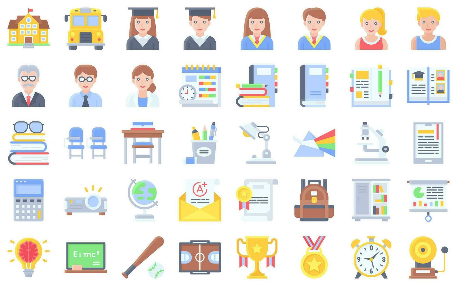 High school related flat vector icon set