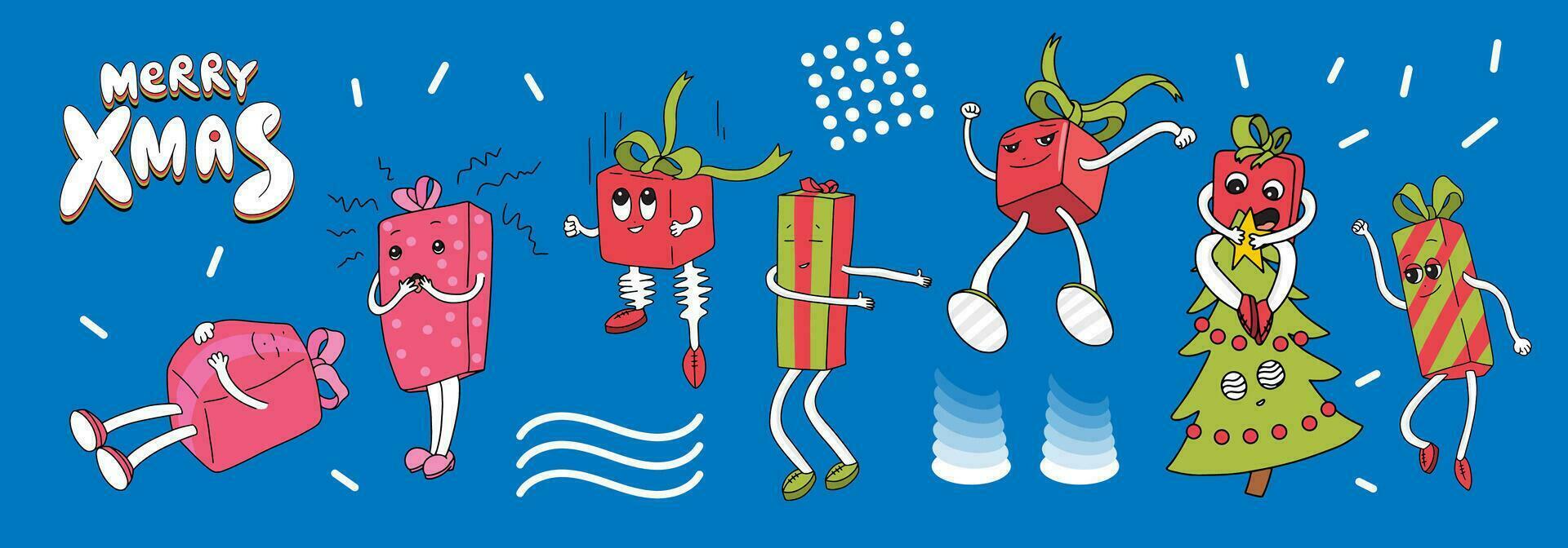 90s estilo alegre Navidad bandera con diferente regalo cajas caracteres. gracioso Navidad presenta bailando y saltando Navidad cajas con caras, brazos y piernas. dibujos animados plano diseño vector
