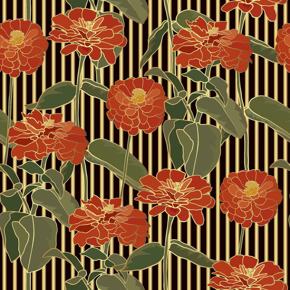 Arte deco Clásico sin costura modelo. mezcla de dorado rayas y floral elementos en negro antecedentes. lujo rojo flor vástago con oro contorno vector