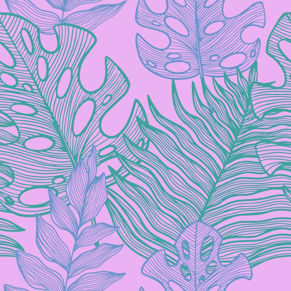 Tropical linear seamless pattern with monstera, fern, branches on pink background. Line art with different leaves vector