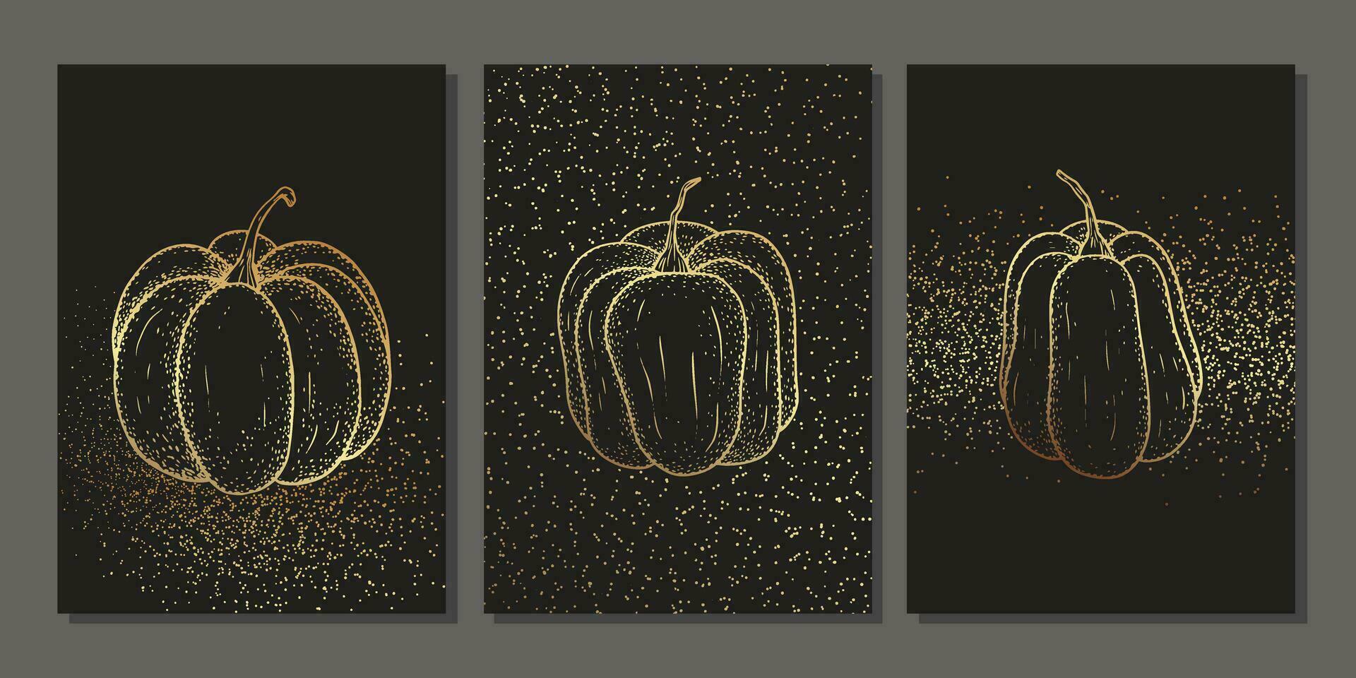 Set of luxury gold wall art. Golden pumpkin with glitter on black background. Abstract minimalist art with linear vegetables and shiny effect. Collection of autumn illustration vector