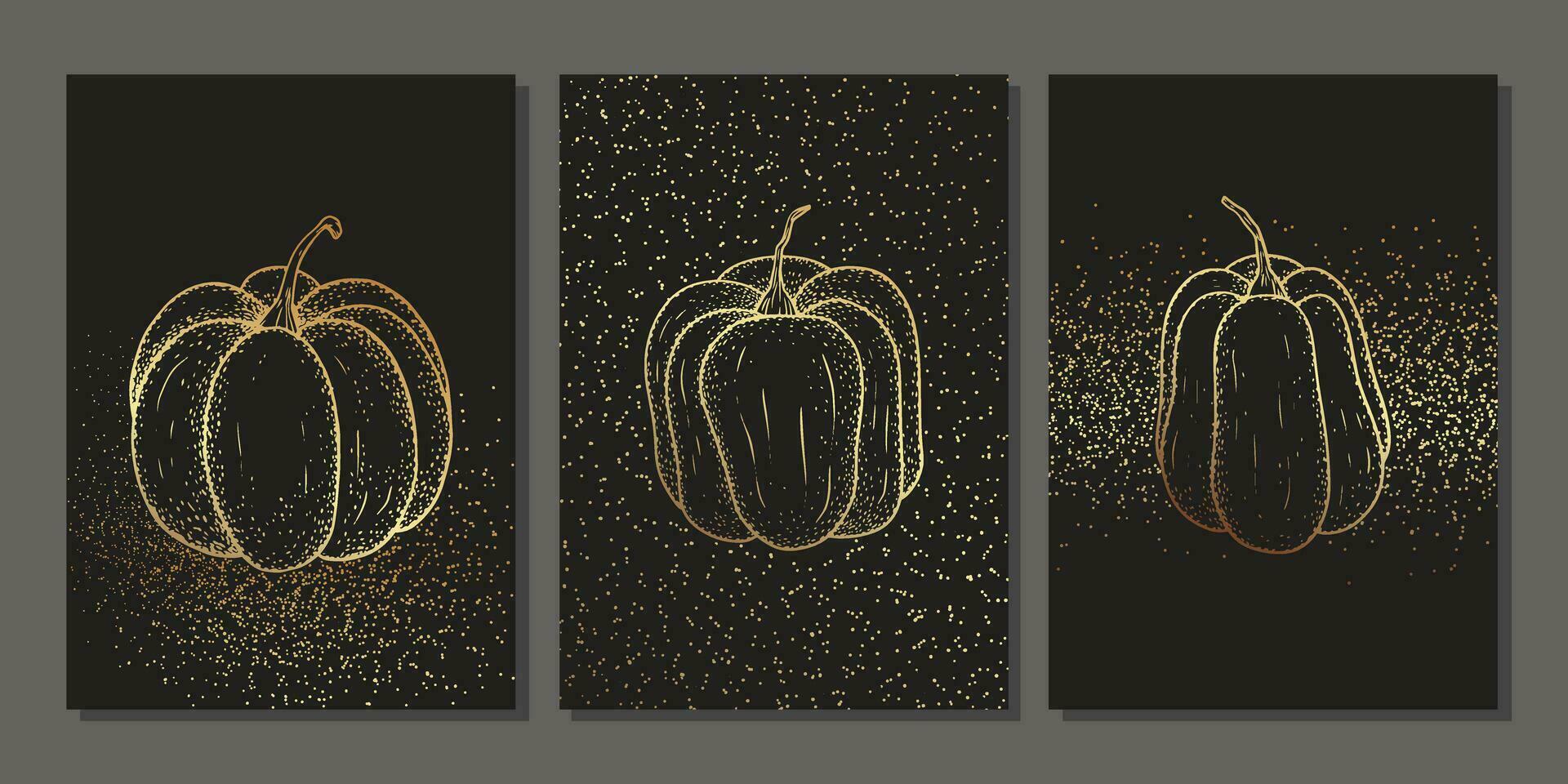 conjunto de lujo oro pared Arte. dorado calabaza con Brillantina en negro antecedentes. resumen minimalista Arte con lineal vegetales y brillante efecto. colección de otoño ilustración vector