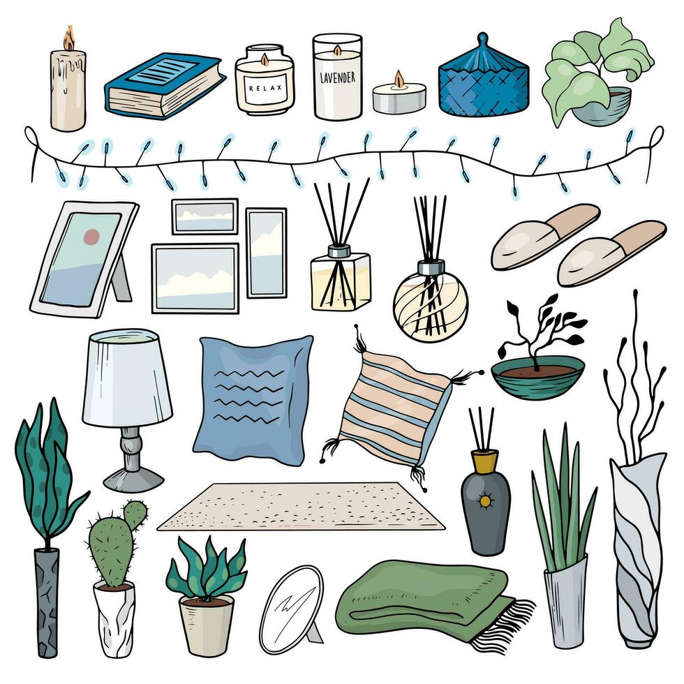 Set of cozy home decor elements. Scandinavian hygge style. Pillow, rug, reed diffuser, candle, indoor plants, plaid, slippers, picture frame, lamp, book. Linear collection of doodle vector