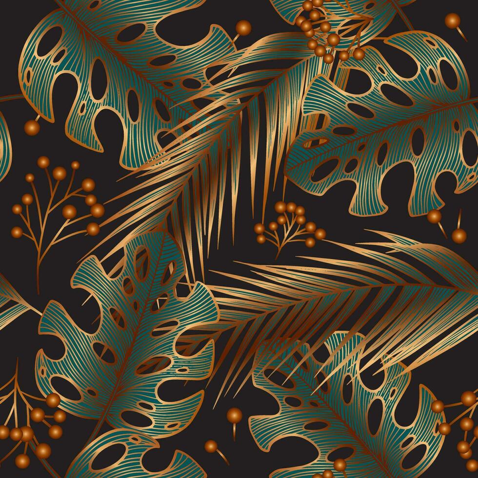 lujo sin costura modelo con dorado monstruo, helecho, palma hoja y bayas. otoño oro modelo con tropical hojas en negro antecedentes. vector botánico ilustración