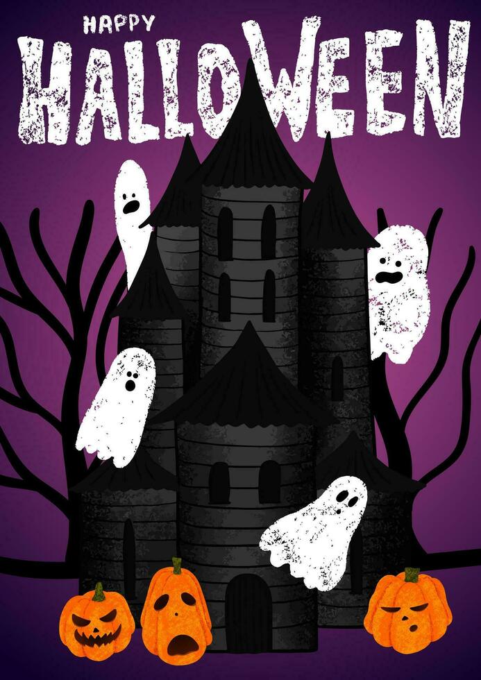 Happy Halloween poster with house of ghosts silhouette, pumpkins, dark forest. Chalk lettering vector