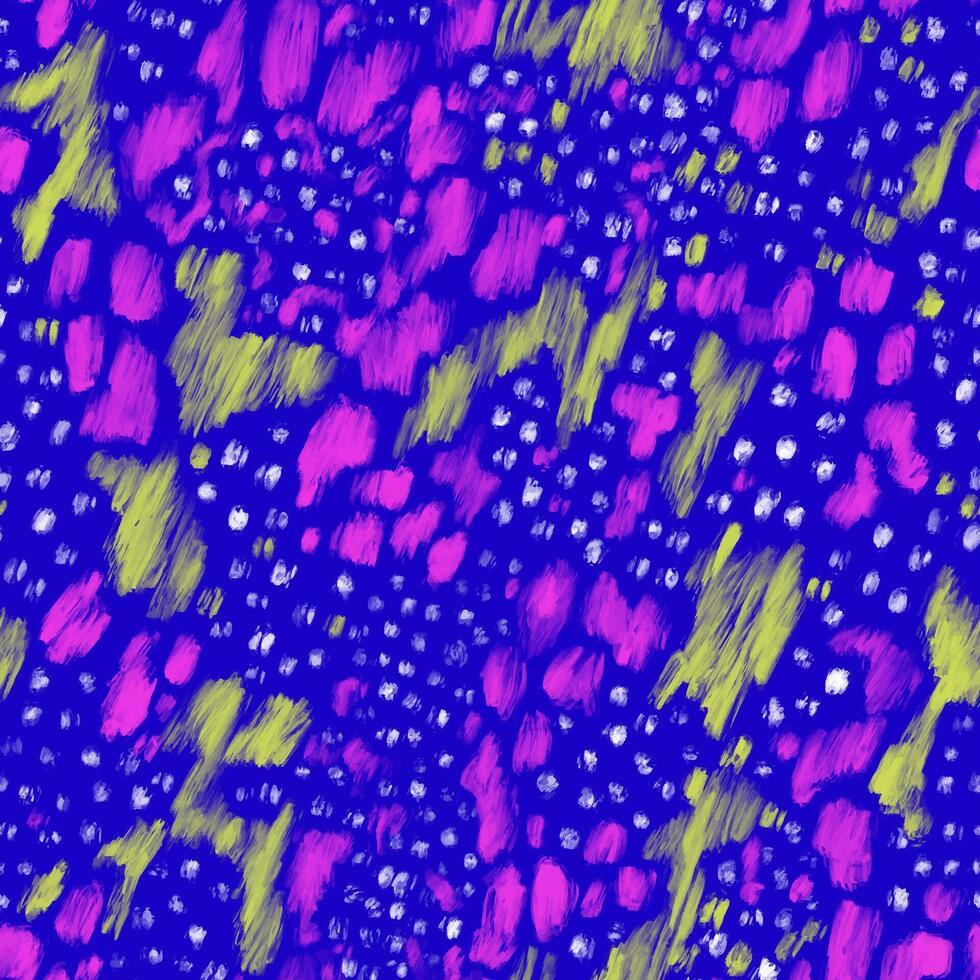 Abstract seamless pattern with animal mix spots. Oil paint brush strokes. Combination of white dots, pink and yellow stains on dark blue background vector