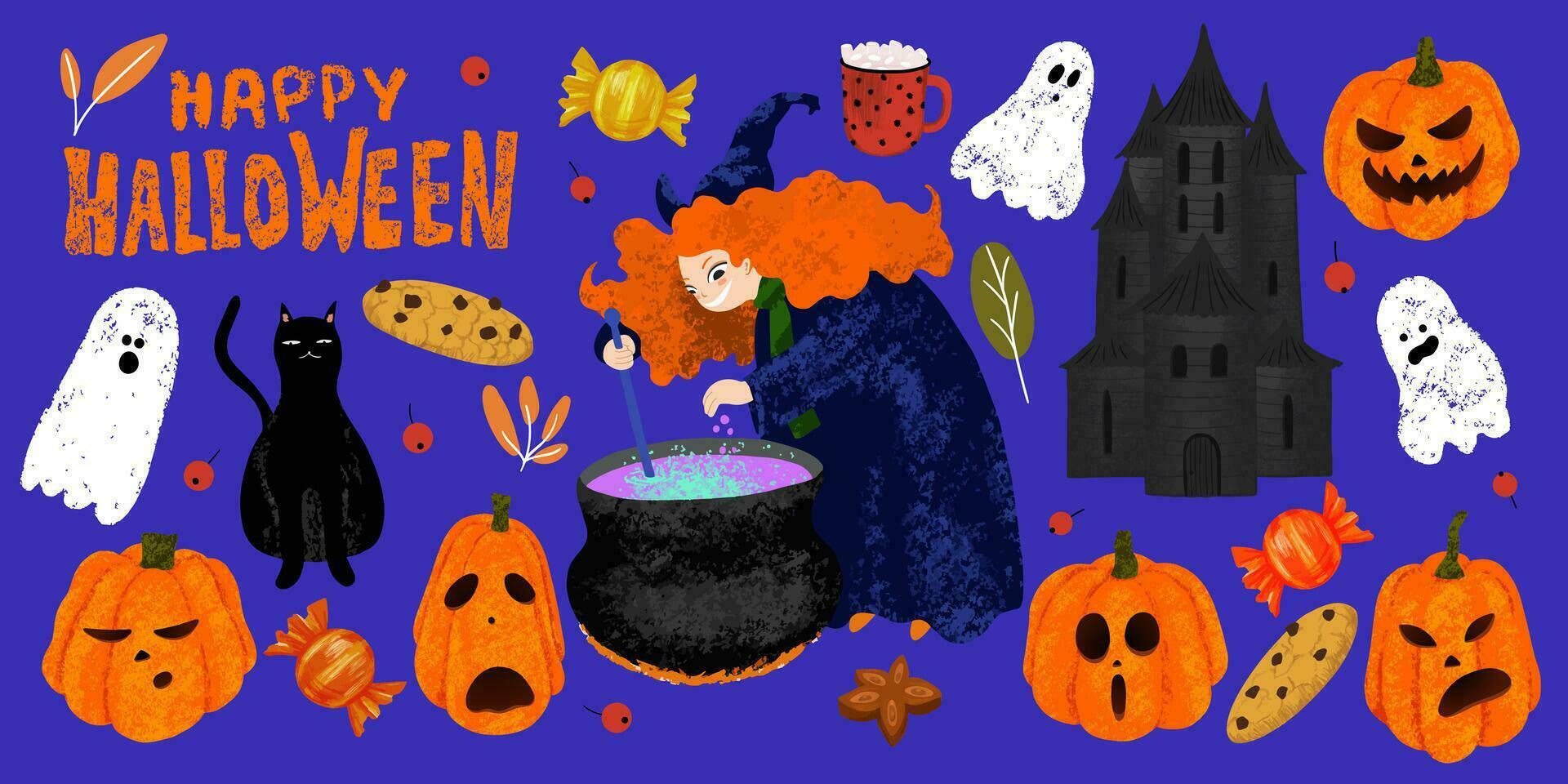 Set of Halloween objects. Happy Halloween lettering, witch cooking the potion in the cauldron, pumpkins, dark castle, house of ghosts, cookie, candy, mug of cocoa, black cat, autumn leaves vector