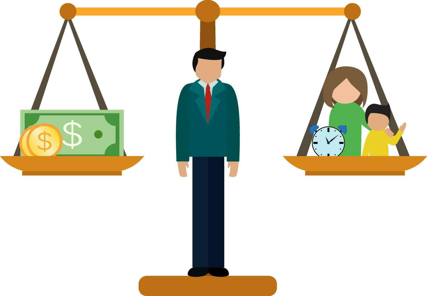 People balance work, work life balance vector illustration, work for life and family, time and money management, an employee manage time and money for family. work life balance flat design