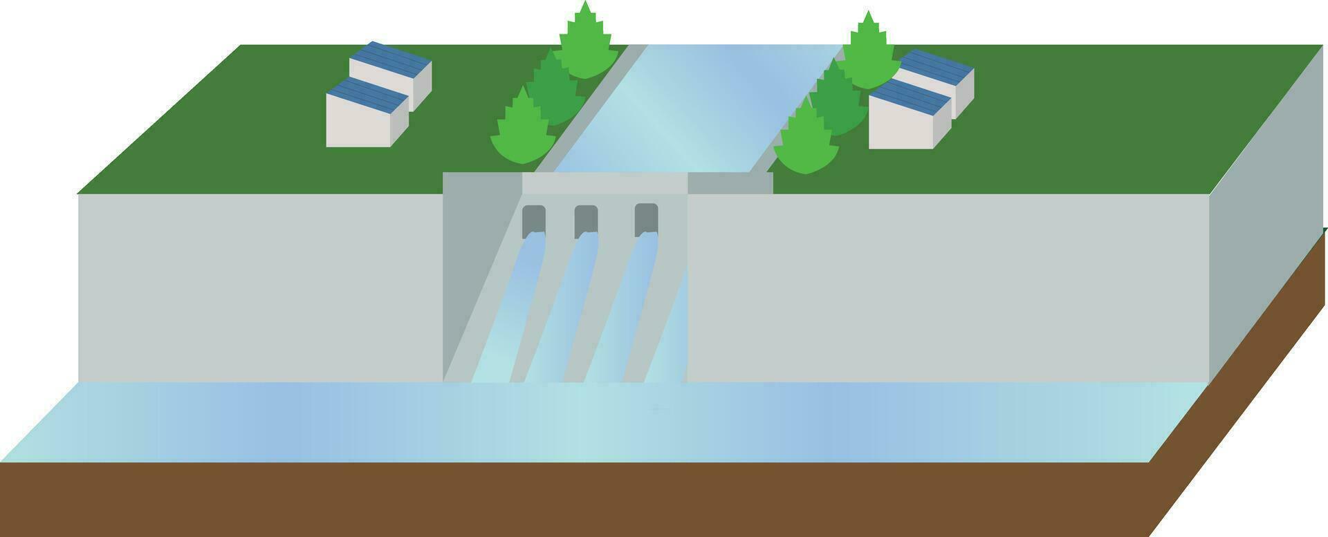 isometric Hydroelectric Energy Plant vector illustration, renewable energy of the waterfall movement, industrial infrastructure in isometric design
