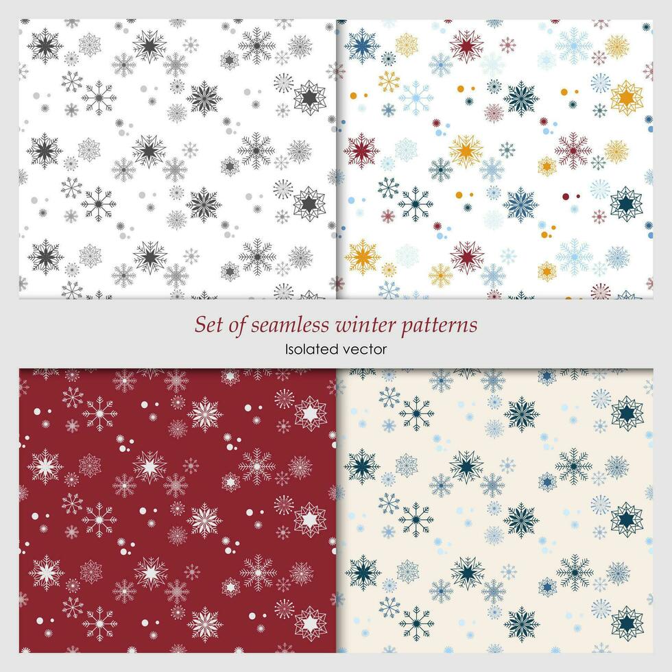 Set of seamless patterns with snowflakes. Isolated, vector. Monochrome and color. vector