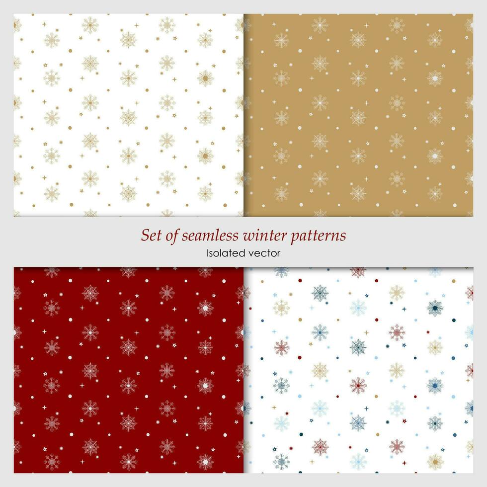 Set of seamless patterns for christmas. Winter background with white and gold snowflakes and stars. vector