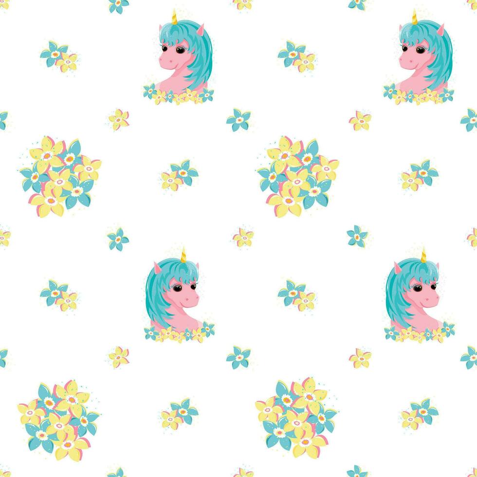Unicorn and flowers. Seamless festive pattern for birthday vector