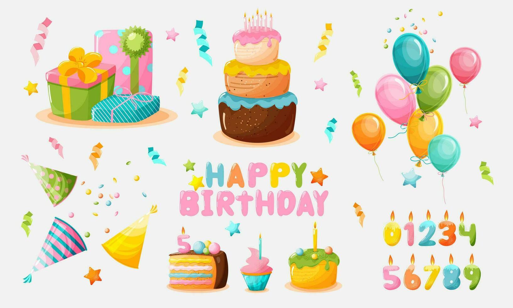 Set of elements for birthday design. Cake, happy birthday text, figures of candles with numbers, gifts, birthday hats, balloons, a piece of cake with candles, cupcake, serpentine, confetti, stars. vector