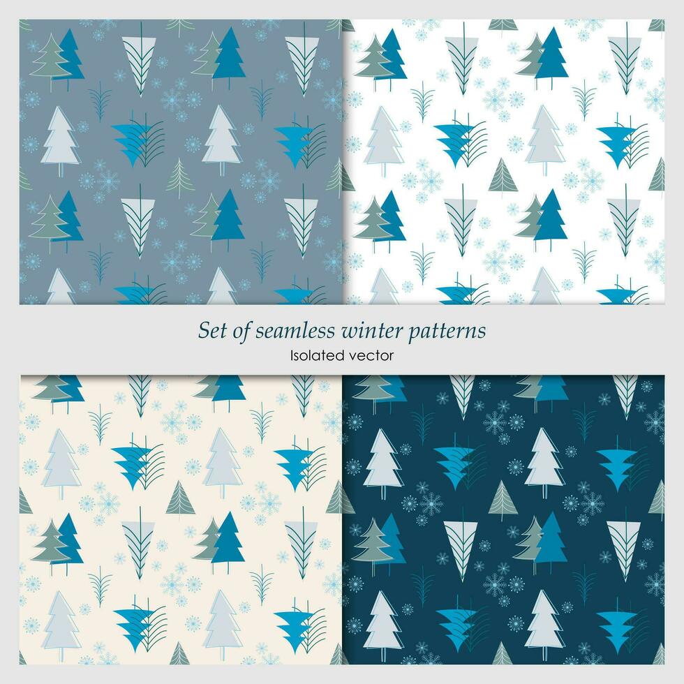 conjunto de sin costura patrones con Navidad arboles y copos de nieve. resumen invierno bosque. vector