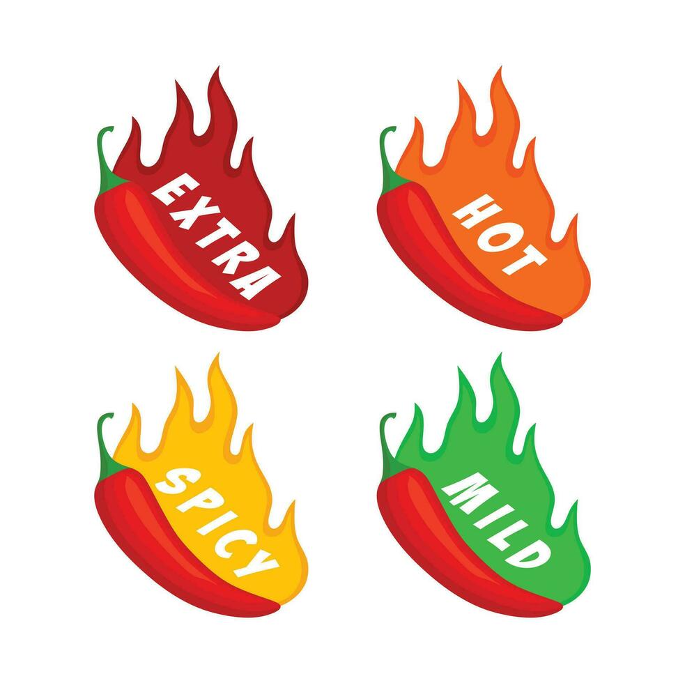 picante chile pimienta caliente fuego fuego iconos extra, caliente, picante, templado picante nivel. vector picante comida nivel íconos