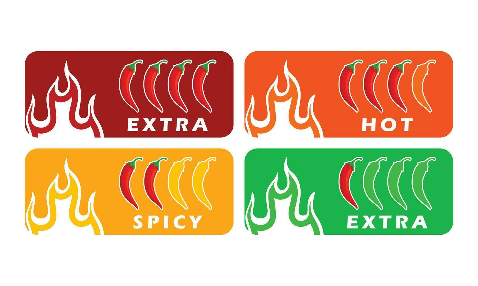 Spicy chili pepper hot fire flame icons. Extra, hot, spciy, mild spiciness level. vector spicy food level icons