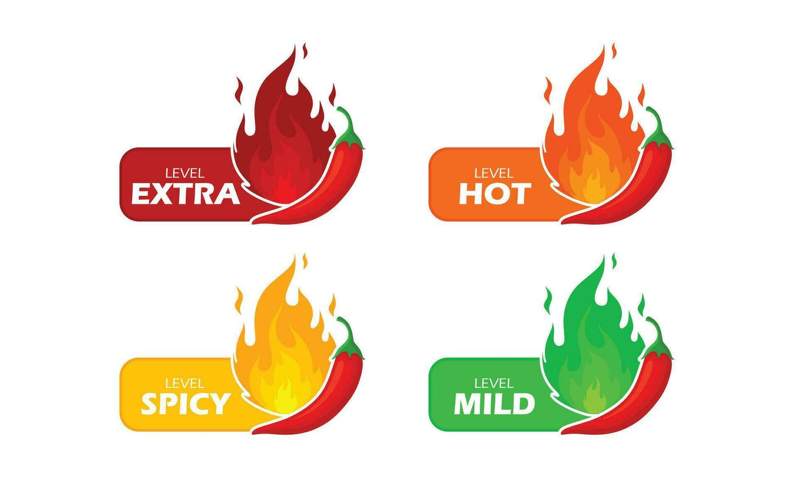 Spicy chili pepper hot fire flame icons. Extra, hot, spciy, mild spiciness level. vector spicy food level icons