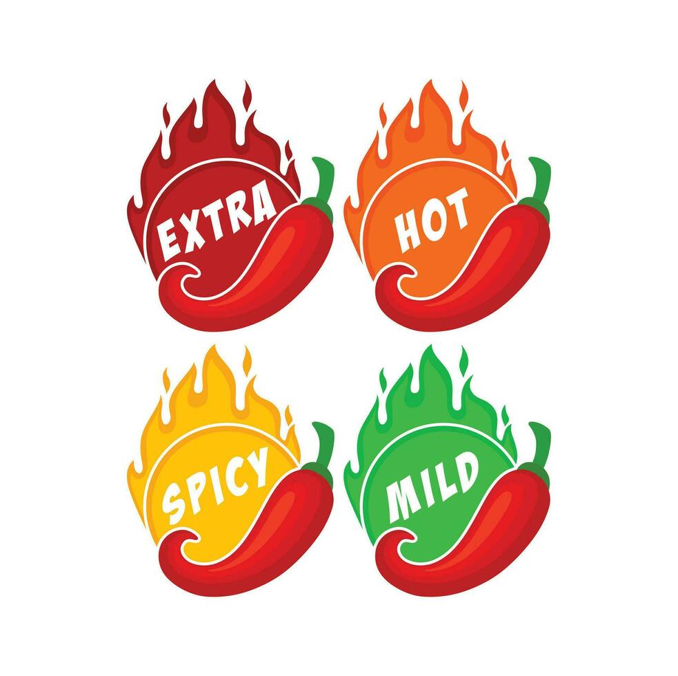 Spicy chili pepper hot fire flame icons. Extra, hot, spciy, mild spiciness level. vector spicy food level icons