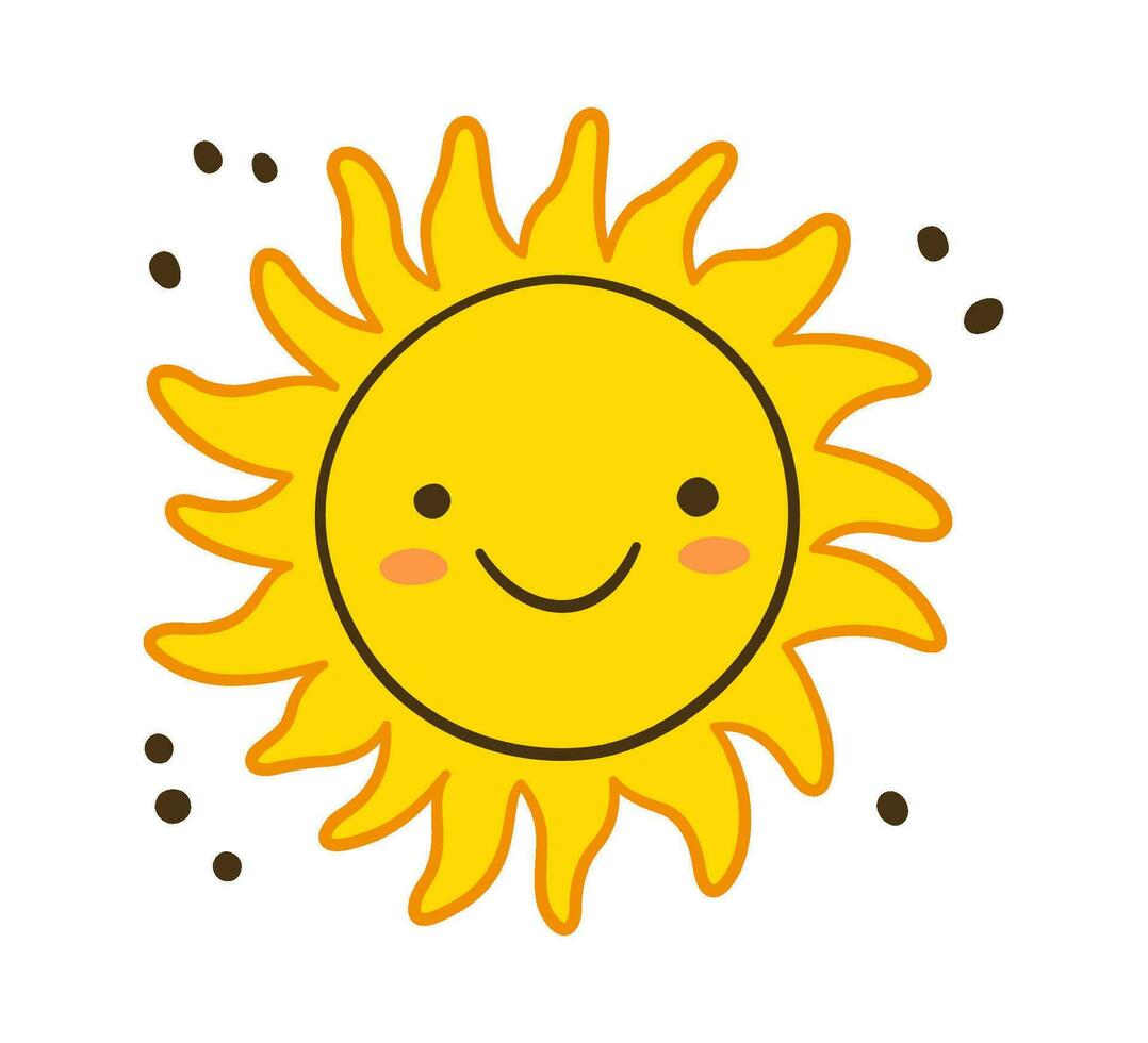 Doodle sun icon. Hand drawn smile yellow sun with rays symbol. Doodle children drawing. Hand drawn star character. Hot weather sign. Vector illustration isolated on white background