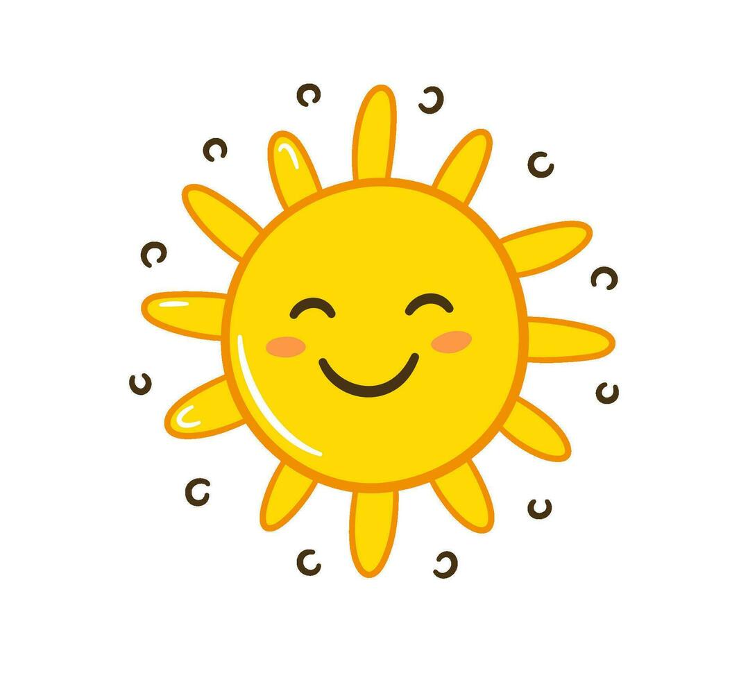 Doodle sun icon. Hand drawn smile yellow sun with rays symbol. Doodle children drawing. Hand drawn star character. Hot weather sign. Vector illustration isolated on white background